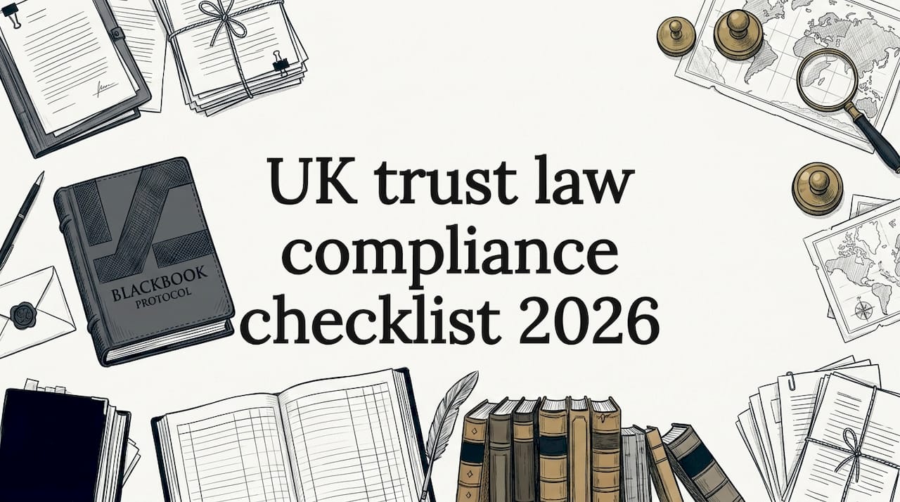 Decorative title card illustration with trust documents and legal props