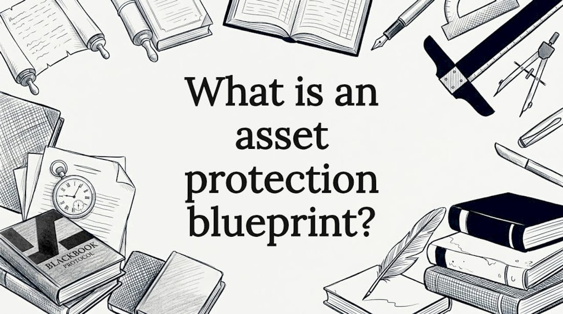 Decorative title card with legal and blueprint objects