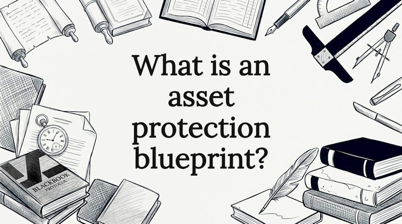 Decorative title card with legal and blueprint objects