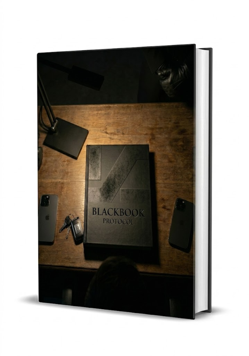 Blackbook protocol book on a wooden table with a lamp and phone.