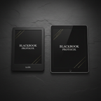 BLACKBOOK PROTOCOL eBook displayed on Kindle and tablet, dark minimal studio setting