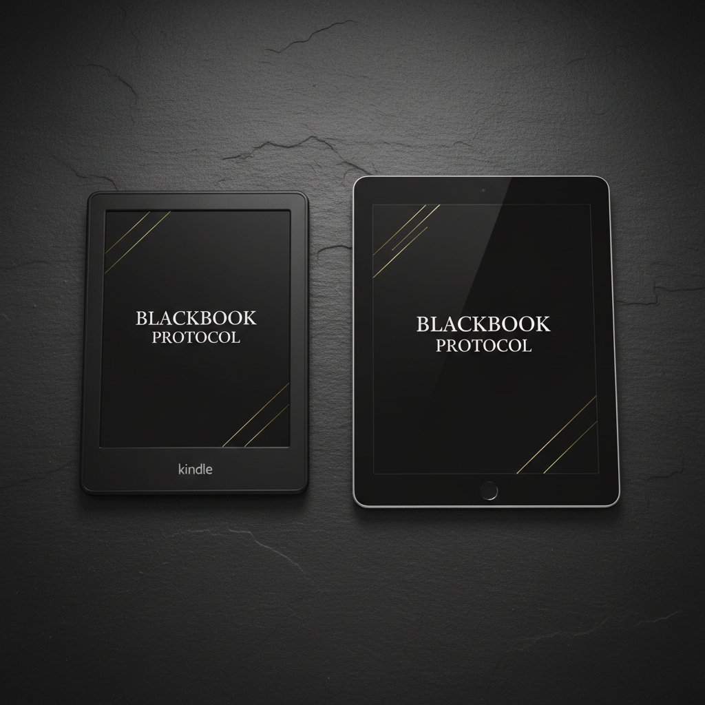 BLACKBOOK PROTOCOL eBook displayed on Kindle and tablet, dark minimal studio setting