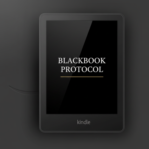 Kindle e-reader displaying BLACKBOOK PROTOCOL cover, dark editorial studio setting