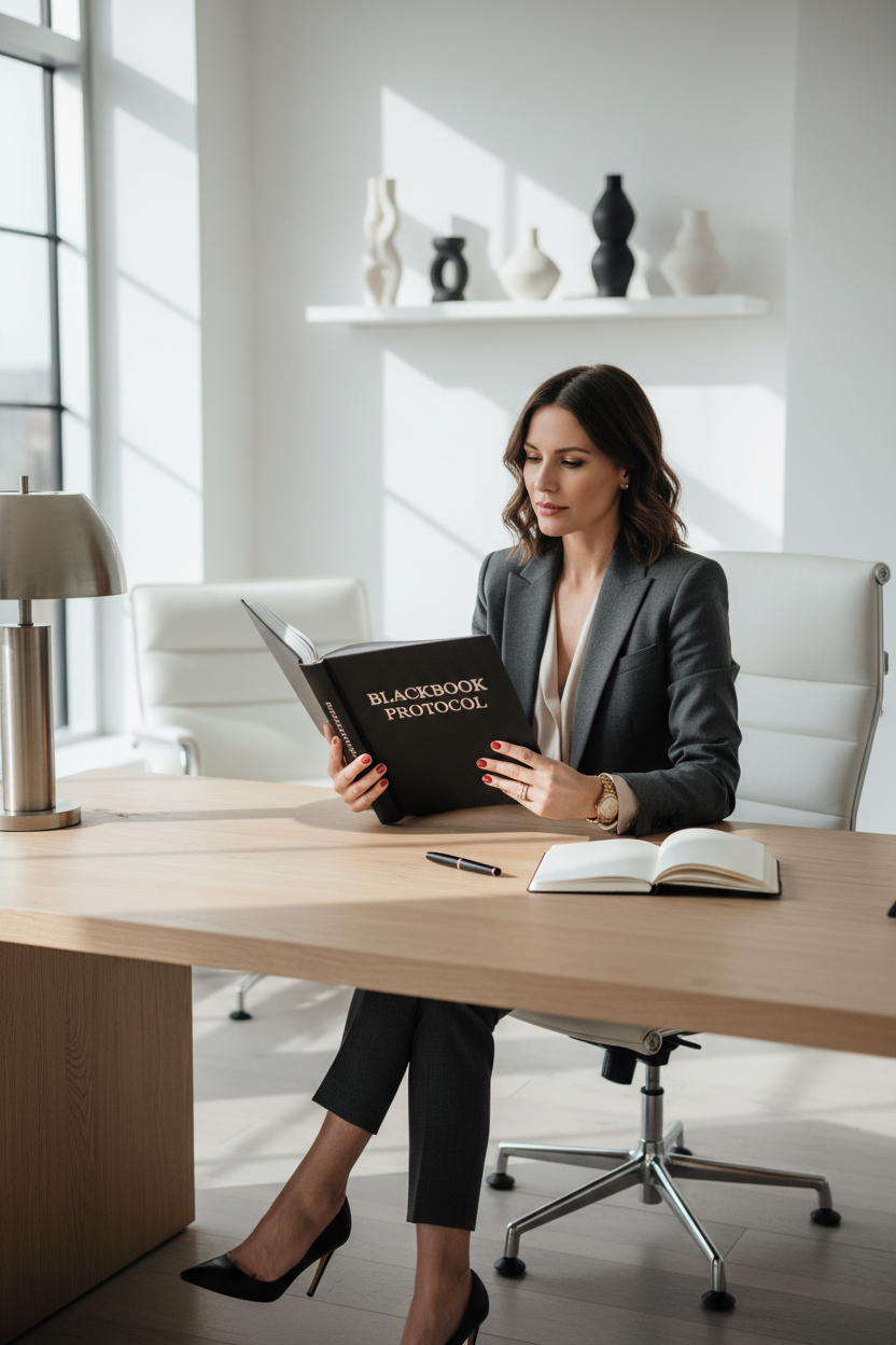 Professional holding open BLACKBOOK PROTOCOL hardback in a modern minimalist office