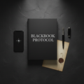 BLACKBOOK PROTOCOL hardback flat lay with fountain pen, document and smartphone