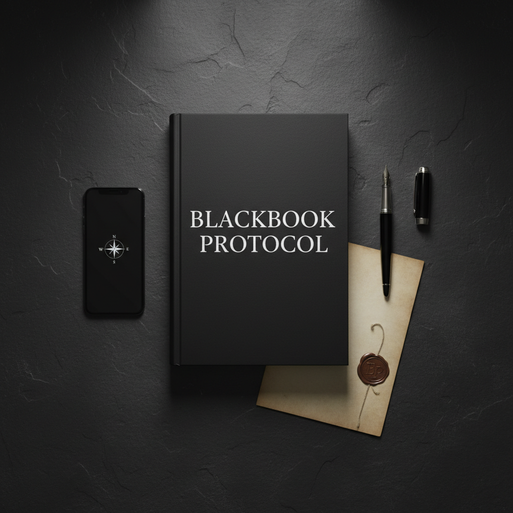 BLACKBOOK PROTOCOL hardback flat lay with fountain pen, document and smartphone