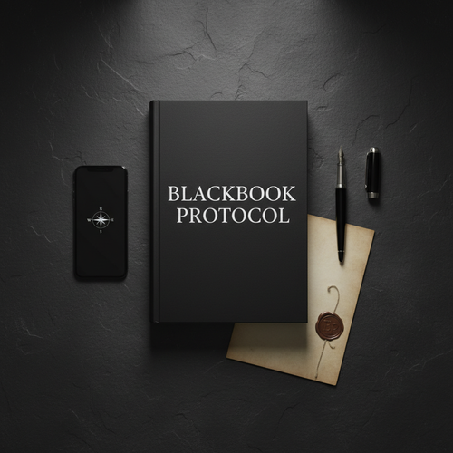BLACKBOOK PROTOCOL hardback flat lay with fountain pen, document and smartphone