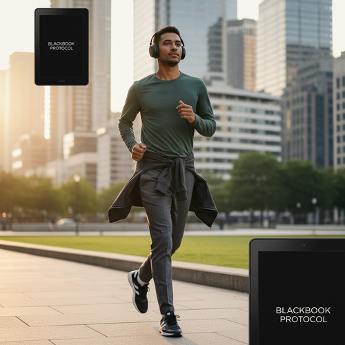 Person jogging with headphones listening to BLACKBOOK PROTOCOL audiobook, with Kindle and iPad showing the cover