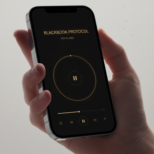 Hand holding iPhone displaying BLACKBOOK PROTOCOL audiobook player with dark premium UI