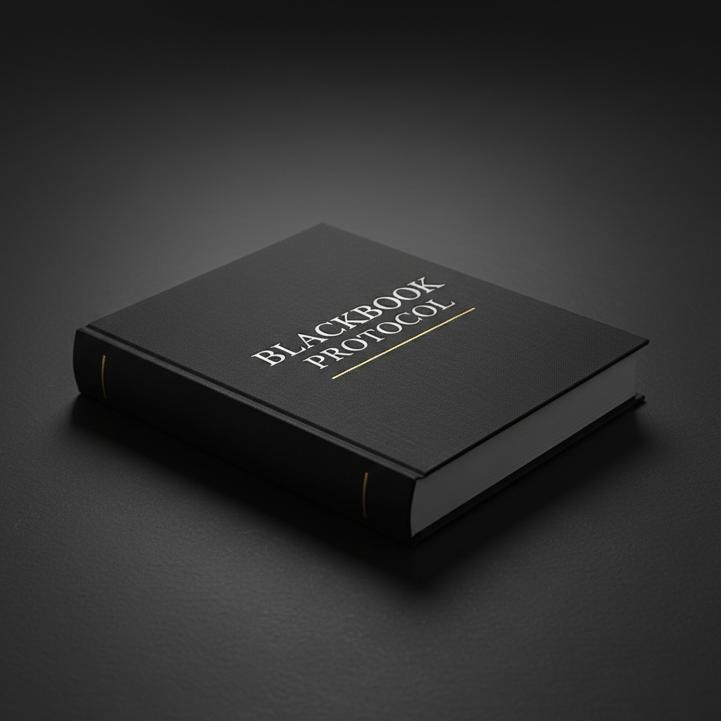 BLACKBOOK PROTOCOL hardback book on dark minimal surface with dramatic studio lighting